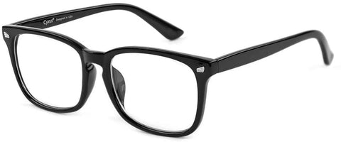 black glasses with clear glass, these are blue light glasses