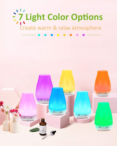 The diffuser has 7 light colour options. The photo shows the diffuser in pink, purple, cyan, blue, green, yellow, and red colour.