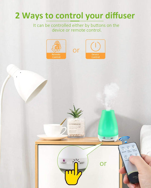 Picture showing that there are 2 ways to control your diffuser. Either with buttons on the diffuser, or the remote