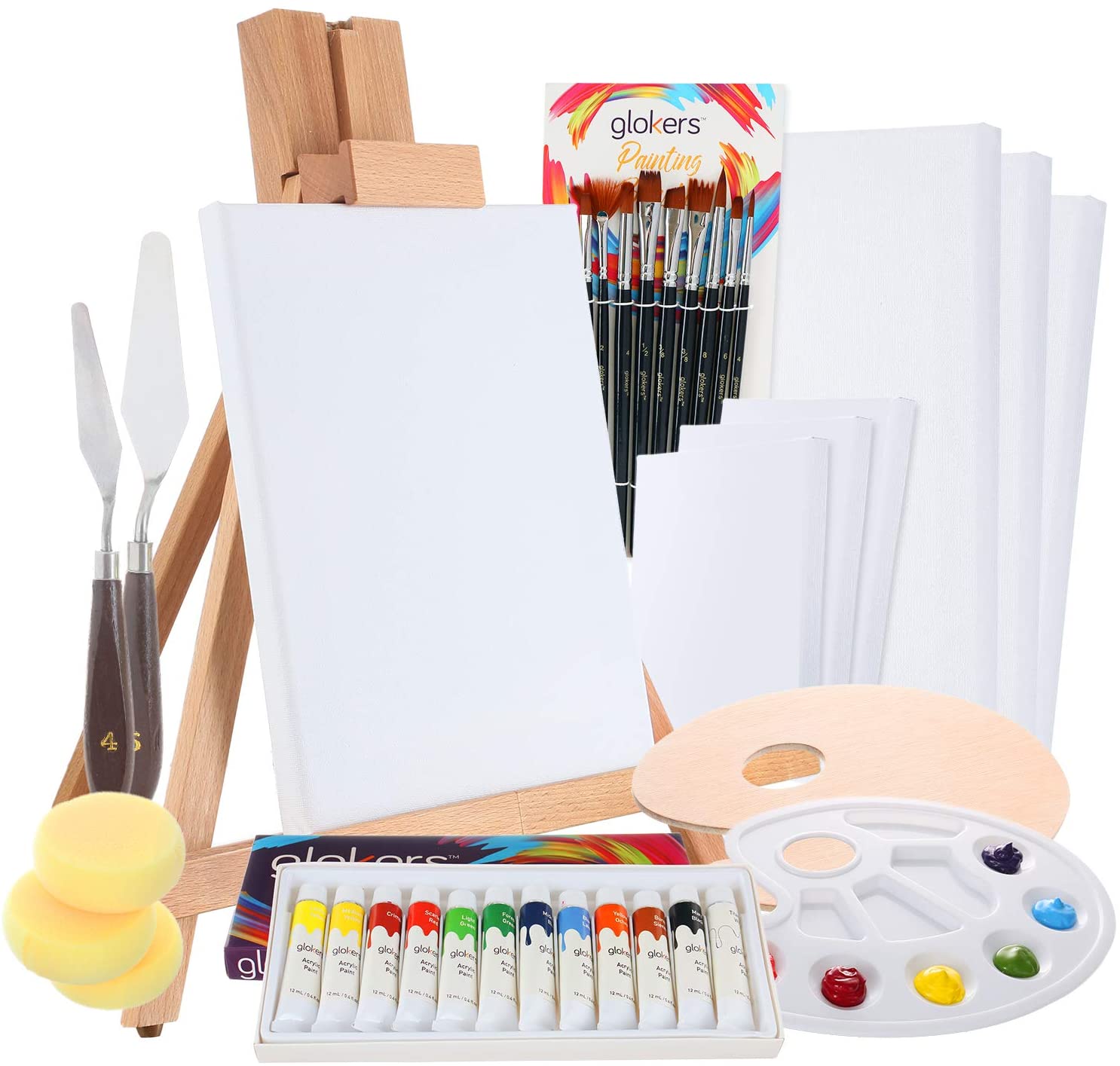 paint set with assorted paint colours, easel, paint tray, canvases, and paint brushes