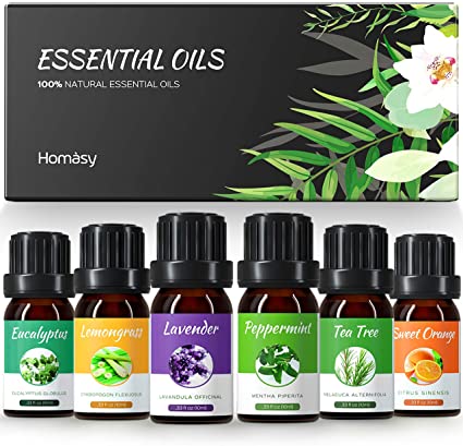 Essential oil set with eucalyptus, lemongrass,, lavender, peppermint, tea tree, and sweet orange.