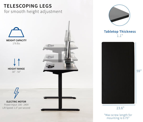 The stand has features like the telescoping legs, for smooth height adjustment. It has a weight capacity of 176 lbs, height range of 30 to 50 inches, an electric motor of power input 100 to 240V, and lift speed of 1.5 inches per second. The tabletop thickness is 1.1 inches. The max screw length for mounting is 0.75 inches