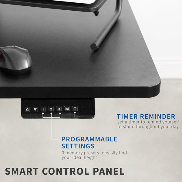 This image shows the programmable settings. On the right side of underneath the desk, there is a settings panel with buttons. Up, down, 1, 2, 3, M, and T are buttons. These have programmable settings, memory presets to find your ideal height, and a timer reminder to remind yourself to stand throughout the day.