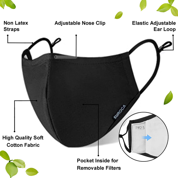 A black face mask. It has features like non latex straps, adjustable nose clips, elastic adjustable ear loop, high quality soft cotton, and a pocket inside for removable filters