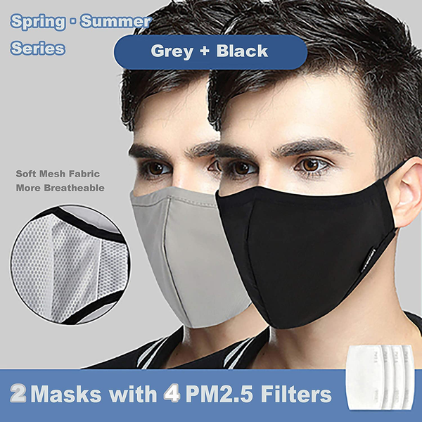 A man wearing the gray face mask, and another man wearing the black mask.