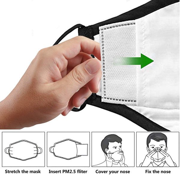 instructions to wear the mask. Stretch it, then insert filter, cover your nose, then fix the nose 